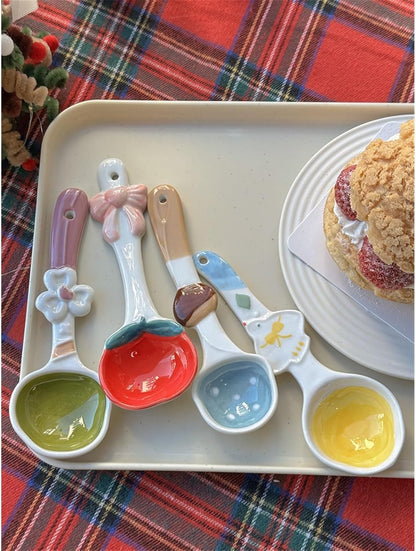 Serving Tablespoons Set of 2 Mini Cute Ceramic Spoon Wide Handle Tea Spoon Coffee Spoon Sugar Spoon Flower Decoration Spoons Spoons(Pink)