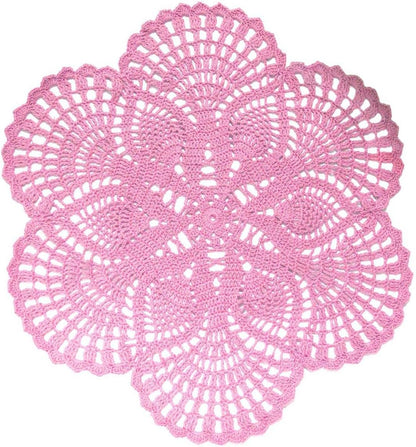 Handmade Crochet Lace Doily 15.5 inches to 17.5 inches Round 6 Petals Flower Placemats Coasters Vintage Doilies Vase Cup Mats (1, Pink)