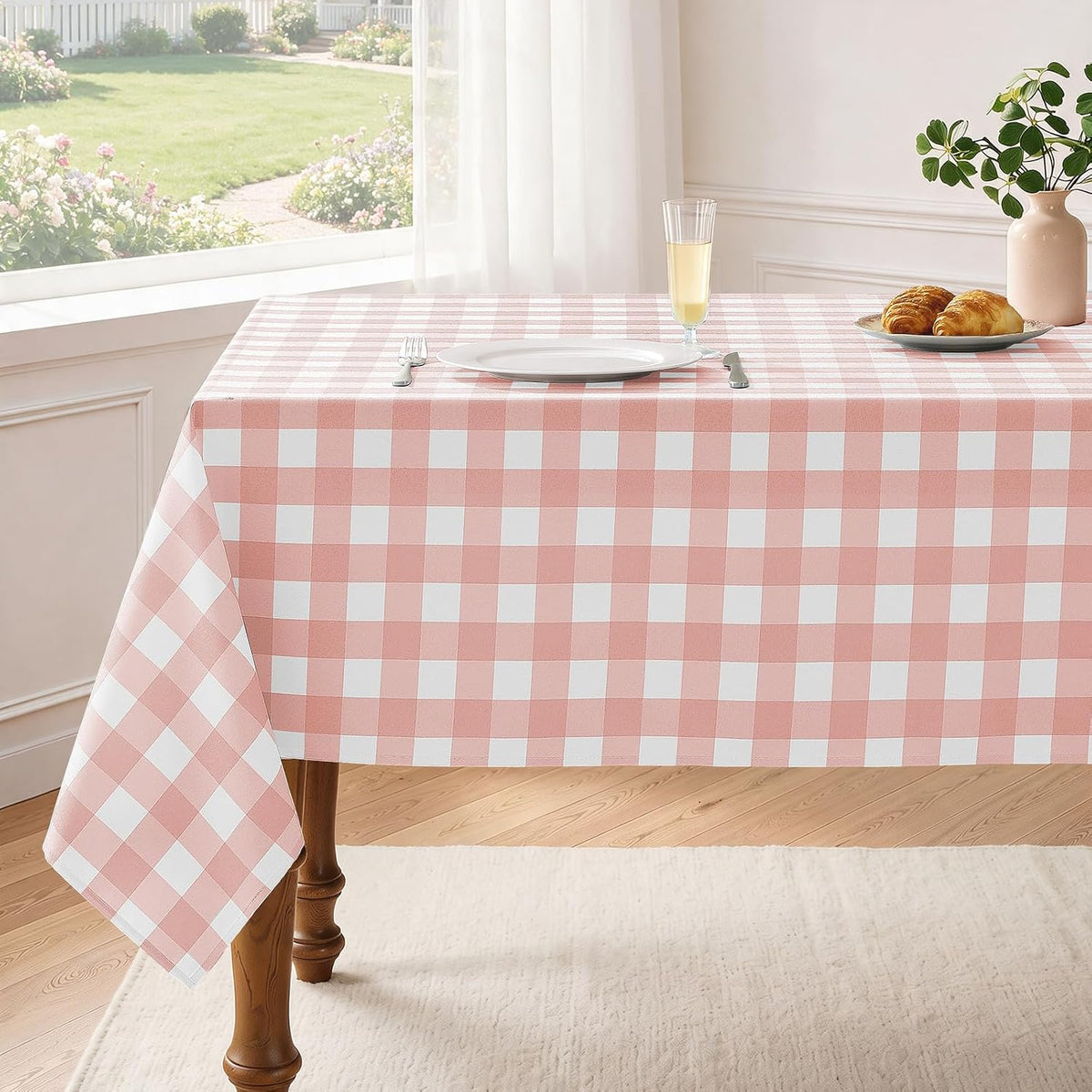 Checkered Tablecloth Rectangle Waterproof Gingham Table Cloth Washable Buffalo Plaid Table Cover Wrinkle Free for Kitchen, Dining and Outdoor Picnic, 60 x 84 Inch, Pink and White