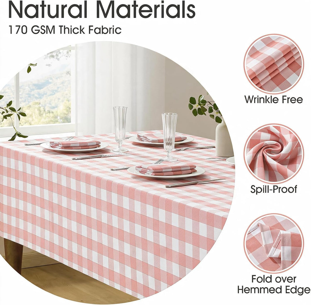 Checkered Tablecloth Rectangle Waterproof Gingham Table Cloth Washable Buffalo Plaid Table Cover Wrinkle Free for Kitchen, Dining and Outdoor Picnic, 60 x 84 Inch, Pink and White