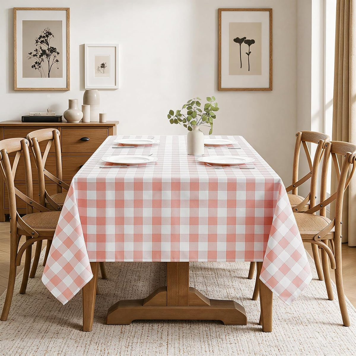 Checkered Tablecloth Rectangle Waterproof Gingham Table Cloth Washable Buffalo Plaid Table Cover Wrinkle Free for Kitchen, Dining and Outdoor Picnic, 60 x 84 Inch, Pink and White