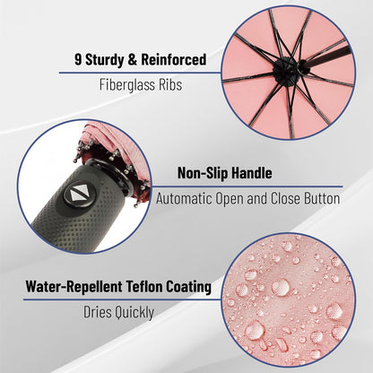 Windproof Travel Umbrella, Small Water-Resistant Automatic Folding Umbrella for Rain and Sun, Light, Compact and Portable for Women & Men, Fits Car & Backpack