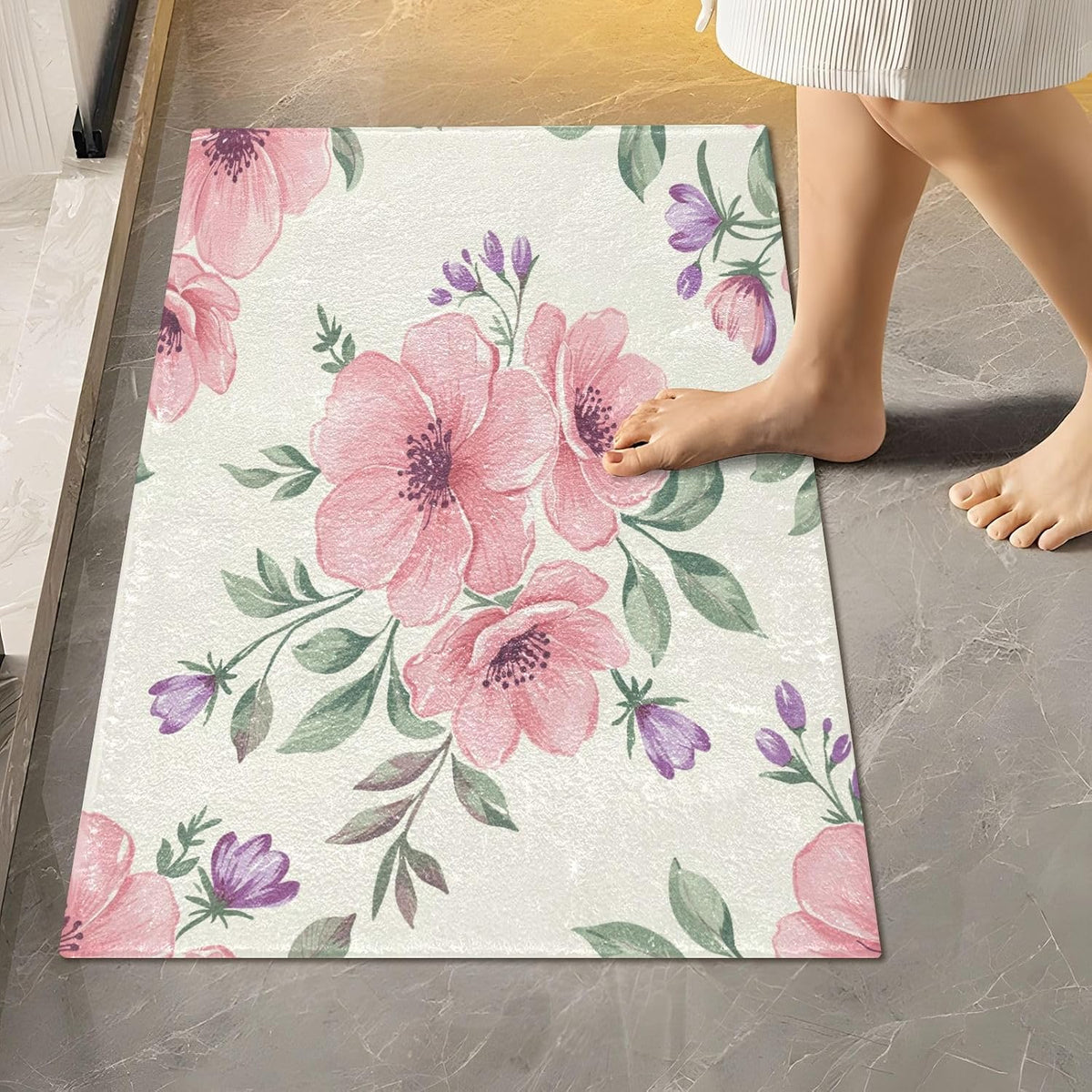 Pink Flowers Bathroom Mat Rug 24" x 16" Non Slip Super Absorbent Quick Dry Bath Mats for Bathtub Fluffy Rugs