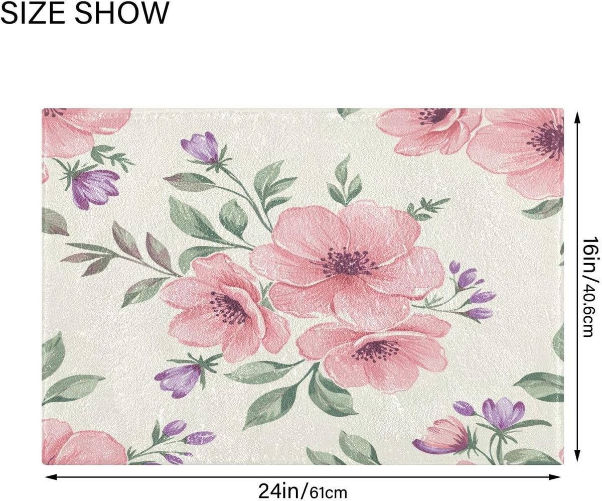 Pink Flowers Bathroom Mat Rug 24" x 16" Non Slip Super Absorbent Quick Dry Bath Mats for Bathtub Fluffy Rugs