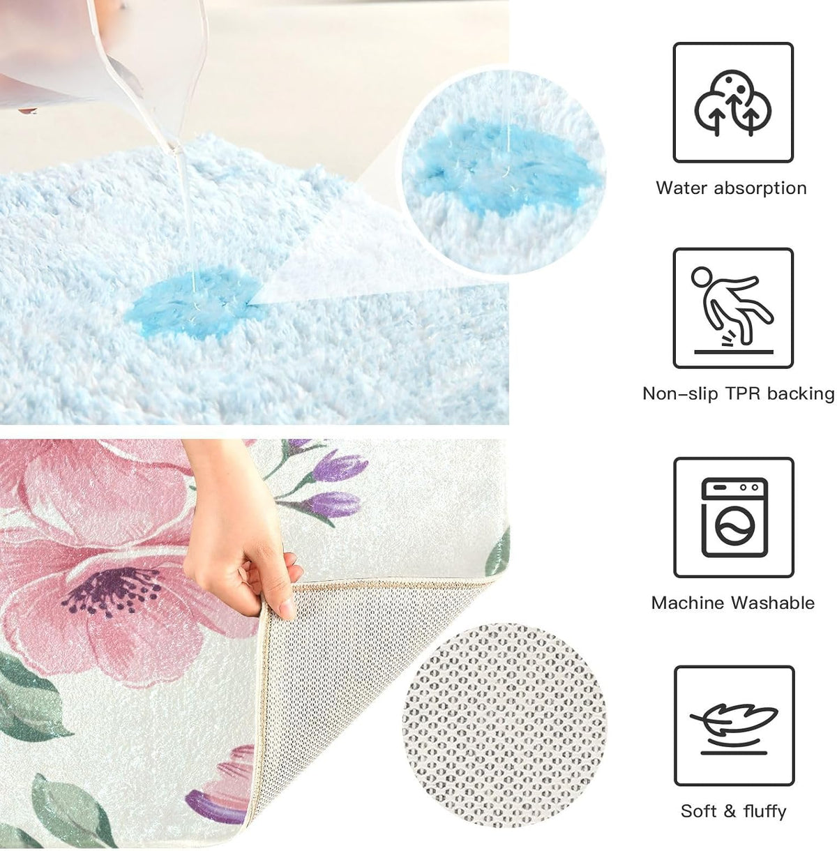 Pink Flowers Bathroom Mat Rug 24" x 16" Non Slip Super Absorbent Quick Dry Bath Mats for Bathtub Fluffy Rugs