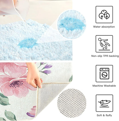 Pink Flowers Bathroom Mat Rug 24" x 16" Non Slip Super Absorbent Quick Dry Bath Mats for Bathtub Fluffy Rugs