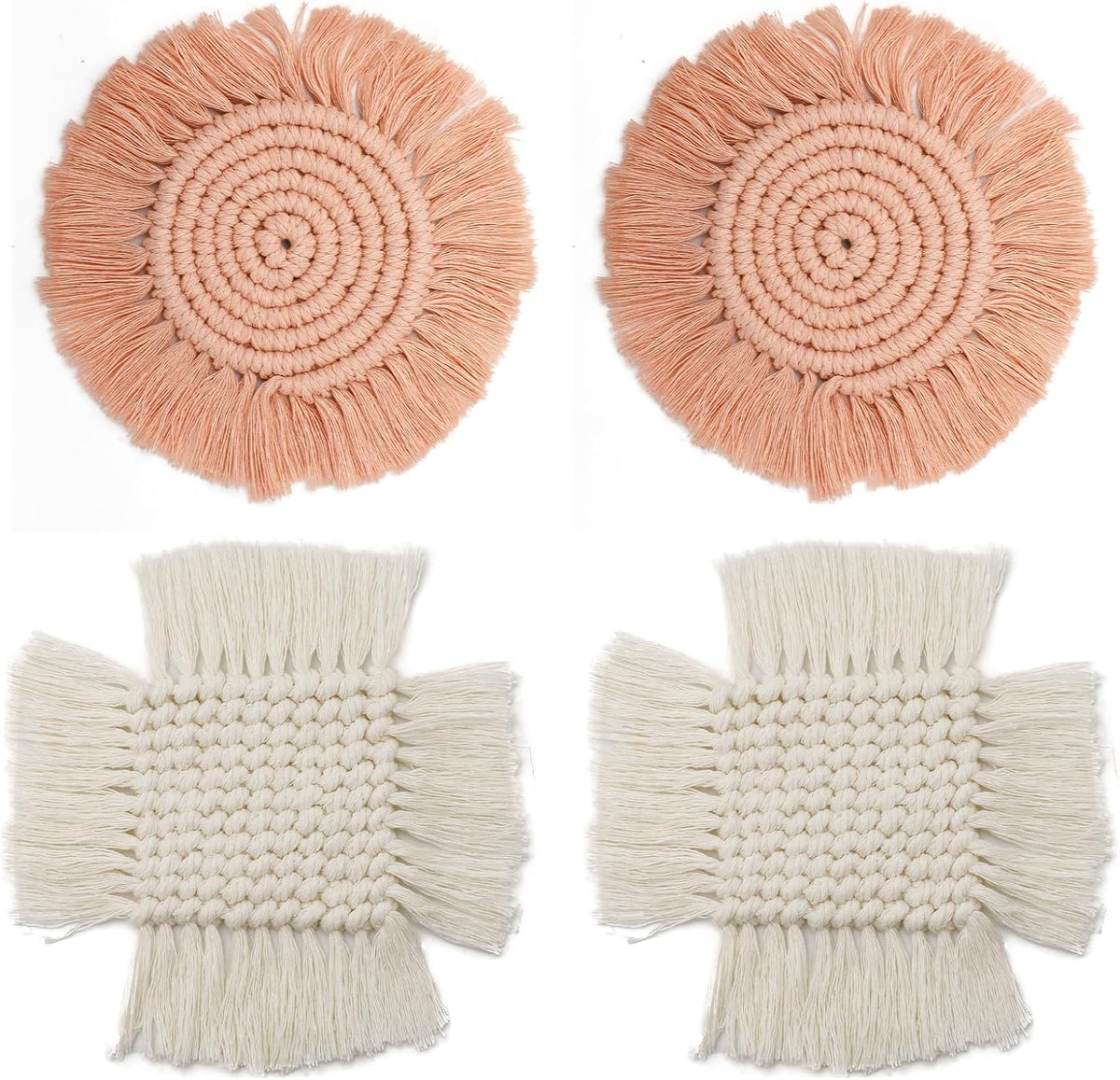 4 PCS Handmade Boho Coaster, 100% Cotton Woven Macrame Absorbent Coasters for Drinks, Heat Resistant Cotton Coasters for Coffee Table, Desk Kitchen Dining Room, Housewarming Gift (White & Pink)