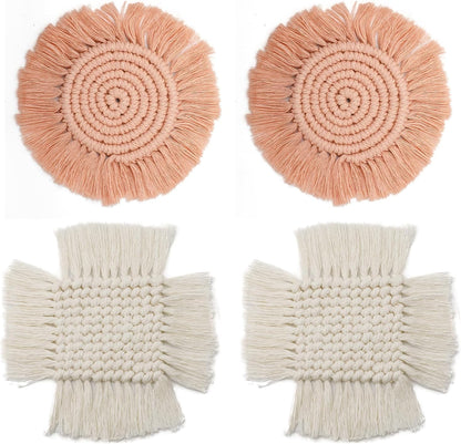 4 PCS Handmade Boho Coaster, 100% Cotton Woven Macrame Absorbent Coasters for Drinks, Heat Resistant Cotton Coasters for Coffee Table, Desk Kitchen Dining Room, Housewarming Gift (White & Pink)