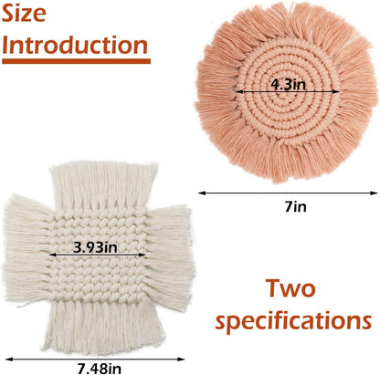 4 PCS Handmade Boho Coaster, 100% Cotton Woven Macrame Absorbent Coasters for Drinks, Heat Resistant Cotton Coasters for Coffee Table, Desk Kitchen Dining Room, Housewarming Gift (White & Pink)