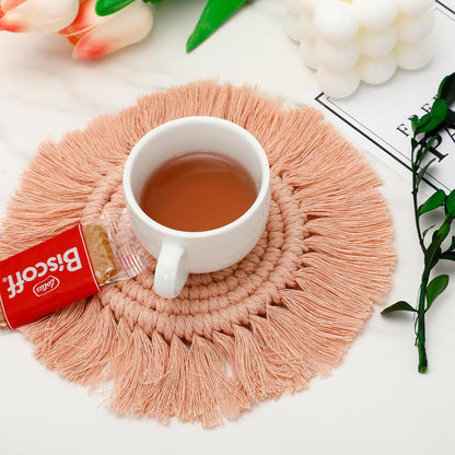 4 PCS Handmade Boho Coaster, 100% Cotton Woven Macrame Absorbent Coasters for Drinks, Heat Resistant Cotton Coasters for Coffee Table, Desk Kitchen Dining Room, Housewarming Gift (White & Pink)