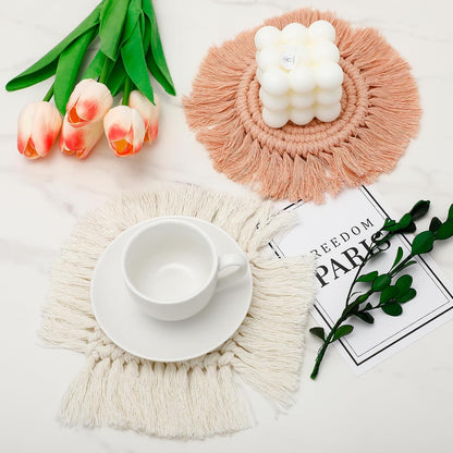 4 PCS Handmade Boho Coaster, 100% Cotton Woven Macrame Absorbent Coasters for Drinks, Heat Resistant Cotton Coasters for Coffee Table, Desk Kitchen Dining Room, Housewarming Gift (White & Pink)