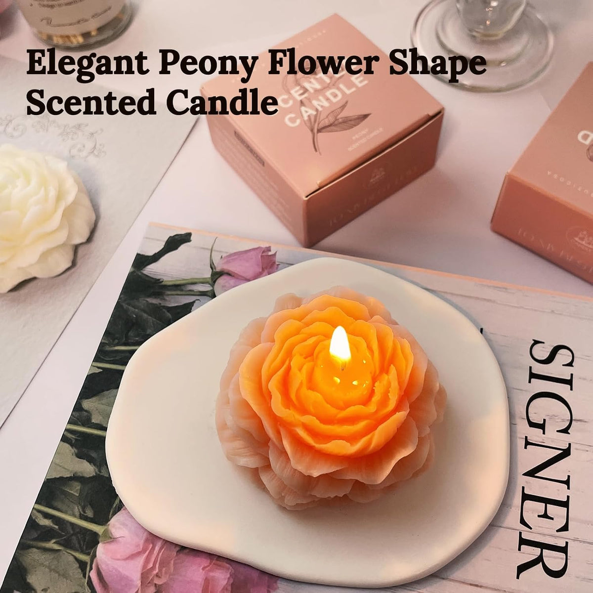 Light-Peach Peony Flower Shape Candles for Women - Aromatic Pastel Aesthetic Candle with Rose Fragrance - Christmas Gift for Friends Colleagues and Classmates (3 inch)
