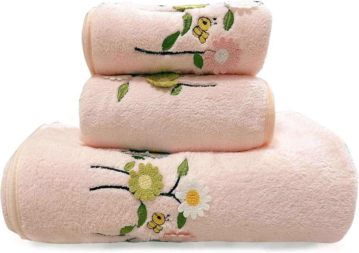 3 Pcs Daisy BathTowel Set Summer Flower Hand Towels Embroidered Coral Velvet Absorbent Pink Towels for Bathroom Decor Housewarming Gifts (1 Bath +2 Hand Towels)