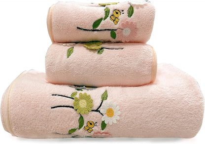 3 Pcs Daisy BathTowel Set Summer Flower Hand Towels Embroidered Coral Velvet Absorbent Pink Towels for Bathroom Decor Housewarming Gifts (1 Bath +2 Hand Towels)