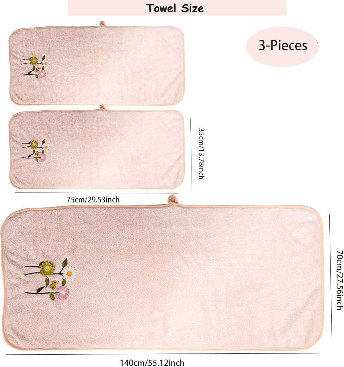 3 Pcs Daisy BathTowel Set Summer Flower Hand Towels Embroidered Coral Velvet Absorbent Pink Towels for Bathroom Decor Housewarming Gifts (1 Bath +2 Hand Towels)