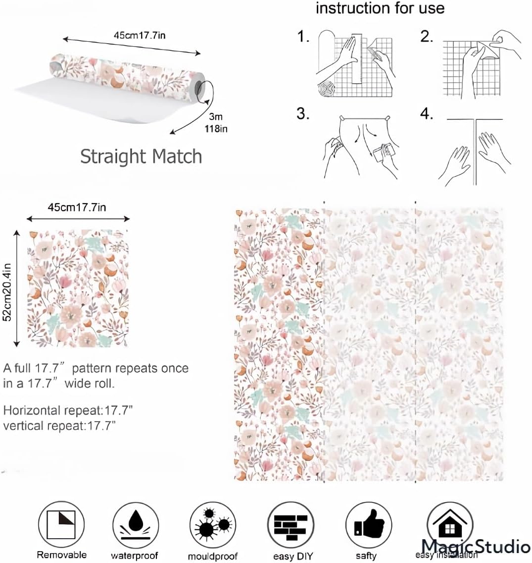 Peel and Stick Boho Pink Floral Peel Stick Wallpaper Contact Paper Removable Self Adhesive Wallpaper for Walls Bedroom Home Decoration Vinyl Rolls 17.7''x118.1''