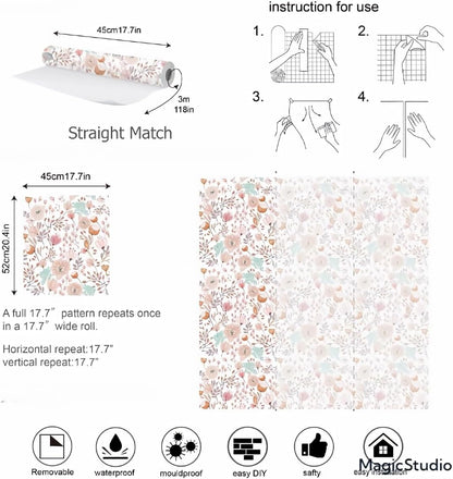 Peel and Stick Boho Pink Floral Peel Stick Wallpaper Contact Paper Removable Self Adhesive Wallpaper for Walls Bedroom Home Decoration Vinyl Rolls 17.7''x118.1''
