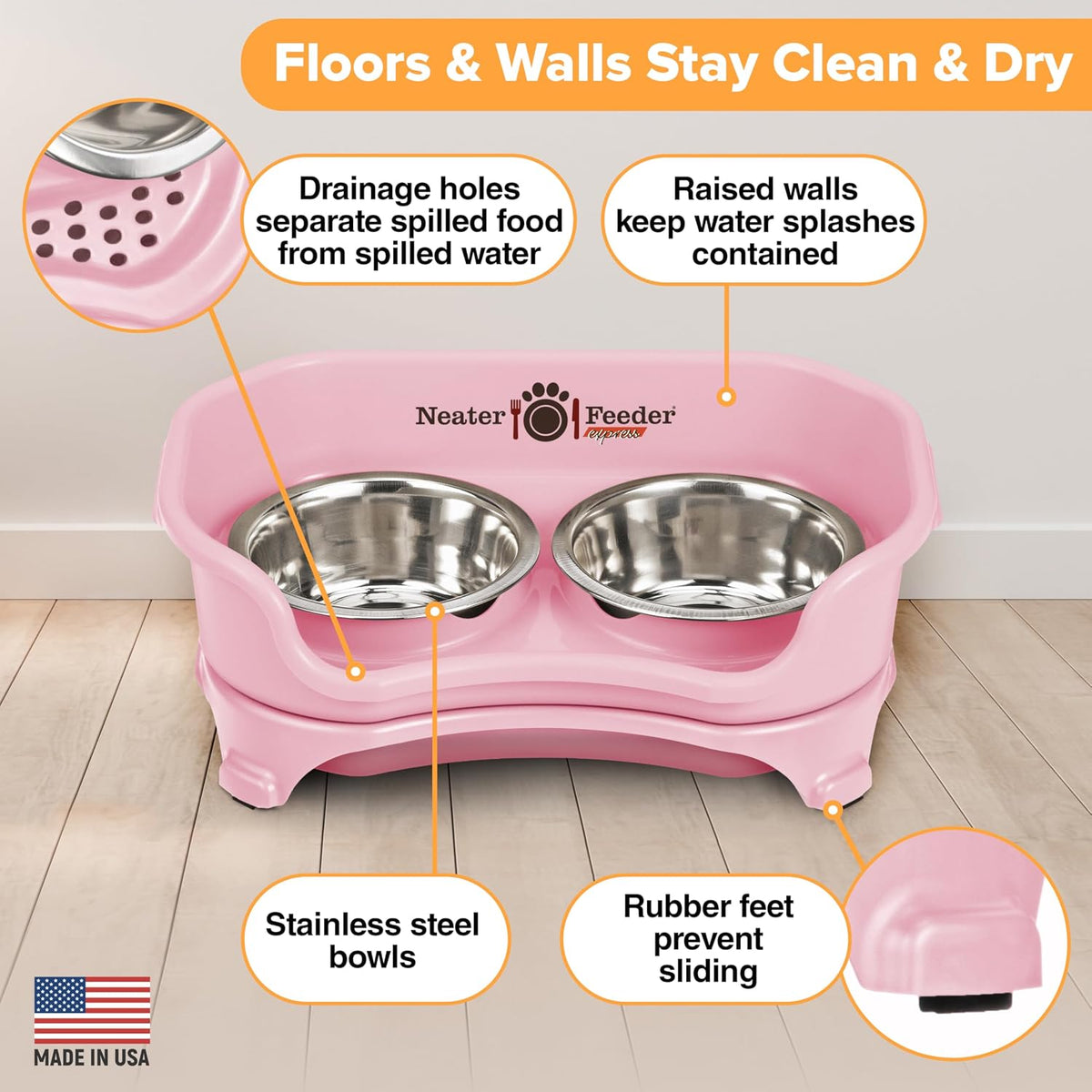Neater Feeder Express Mess Proof Dog Bowls Elevated for Small Breeds Under 15 Lb, Made in USA, No Spill Raised Dog Food Bowl Stand, Stainless Steel Food and Water Bowl Set, Feeding Station, Pink