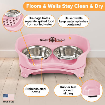 Neater Feeder Express Mess Proof Dog Bowls Elevated for Small Breeds Under 15 Lb, Made in USA, No Spill Raised Dog Food Bowl Stand, Stainless Steel Food and Water Bowl Set, Feeding Station, Pink