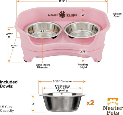 Neater Feeder Express Mess Proof Dog Bowls Elevated for Small Breeds Under 15 Lb, Made in USA, No Spill Raised Dog Food Bowl Stand, Stainless Steel Food and Water Bowl Set, Feeding Station, Pink
