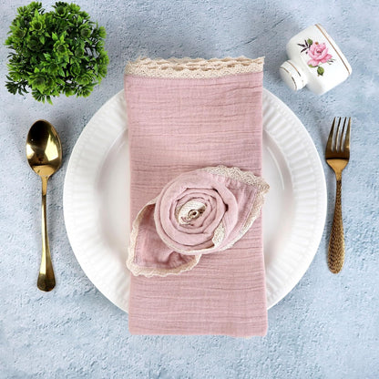 Table Napkins Set of 8 – 100% Cotton Fabric 20x20 Inches with Mitered Corners and Stylish Lace – Pre-Shrunk Highly Absorbent Reusable Cloth Napkins for Daily Use (Peach Wipe)