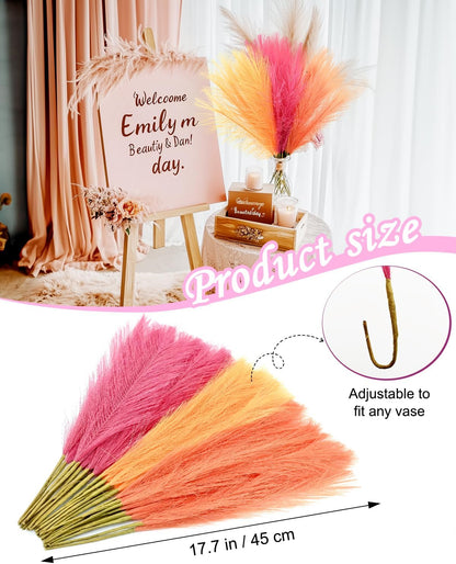 60pcs Faux Pampas Grass Pink Orange Fall Decor, 17.7inch Short Artificial Pompous Grass Fluffy Branches Vase Filler Fake Flower Arrangement for Home Wedding Boho Decor, Rose Apricot
