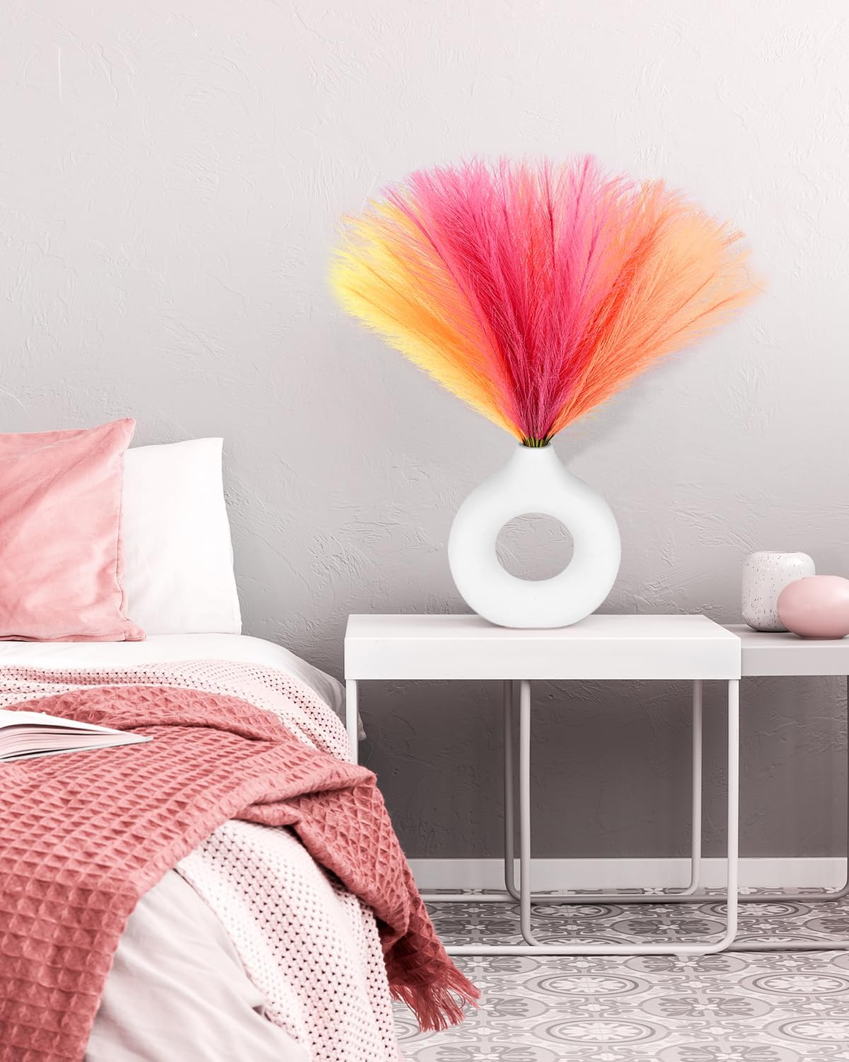 60pcs Faux Pampas Grass Pink Orange Fall Decor, 17.7inch Short Artificial Pompous Grass Fluffy Branches Vase Filler Fake Flower Arrangement for Home Wedding Boho Decor, Rose Apricot