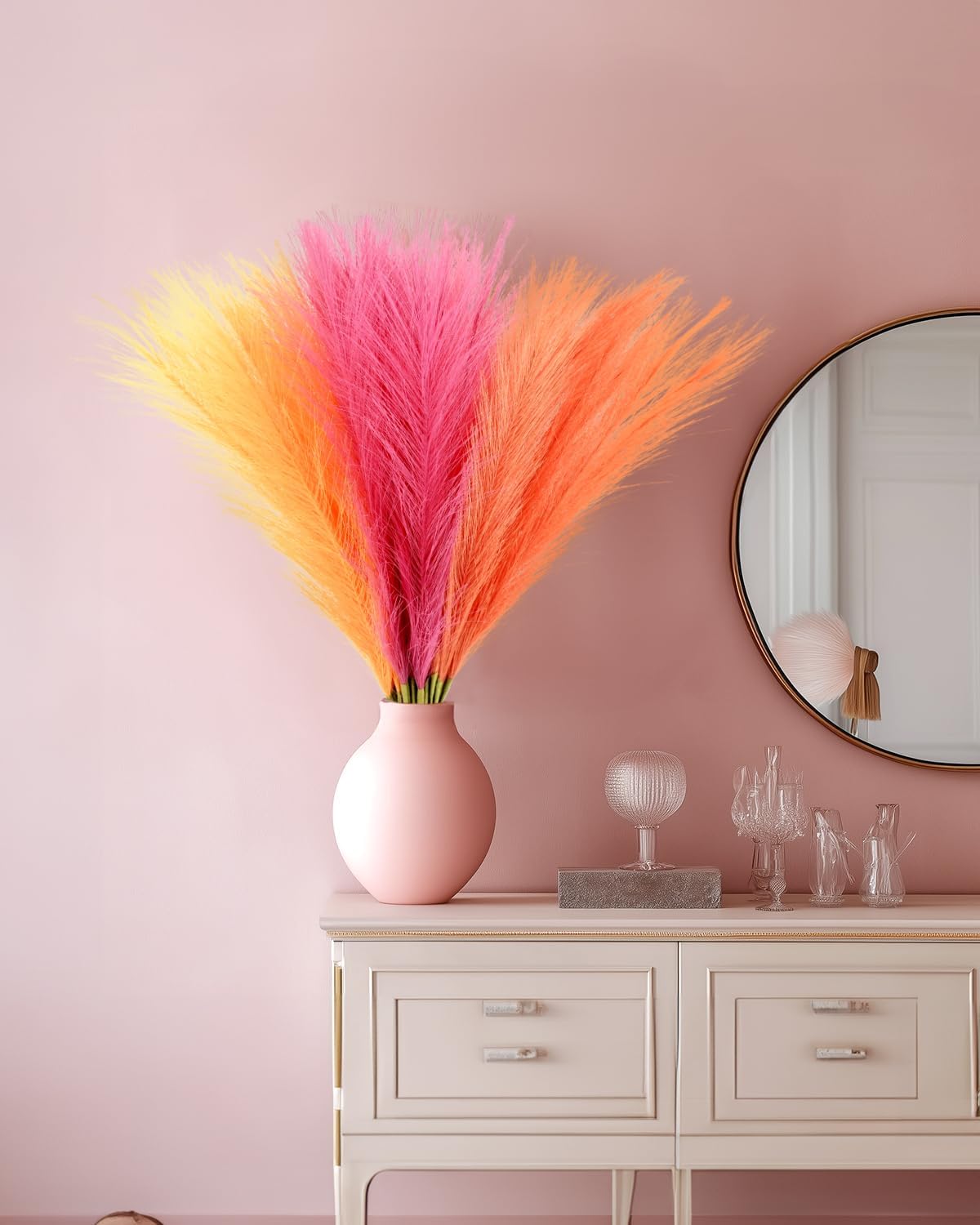 60pcs Faux Pampas Grass Pink Orange Fall Decor, 17.7inch Short Artificial Pompous Grass Fluffy Branches Vase Filler Fake Flower Arrangement for Home Wedding Boho Decor, Rose Apricot