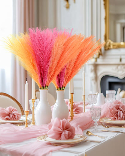 60pcs Faux Pampas Grass Pink Orange Fall Decor, 17.7inch Short Artificial Pompous Grass Fluffy Branches Vase Filler Fake Flower Arrangement for Home Wedding Boho Decor, Rose Apricot