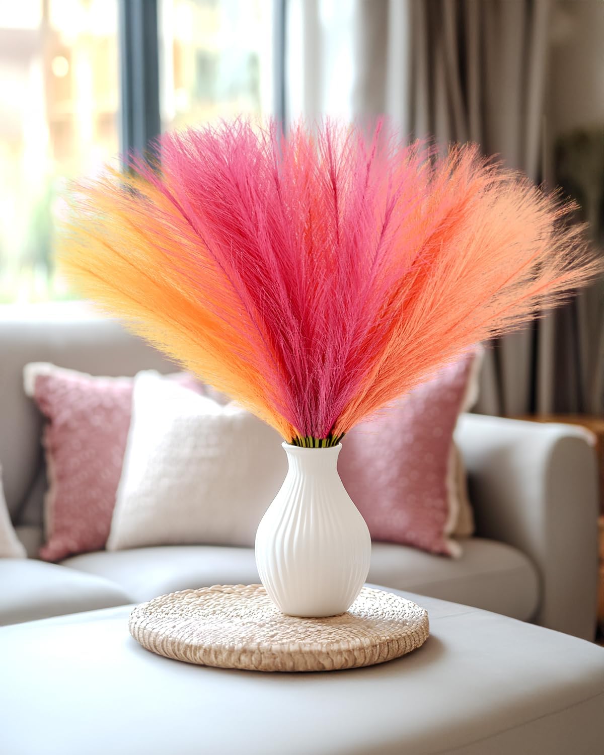60pcs Faux Pampas Grass Pink Orange Fall Decor, 17.7inch Short Artificial Pompous Grass Fluffy Branches Vase Filler Fake Flower Arrangement for Home Wedding Boho Decor, Rose Apricot