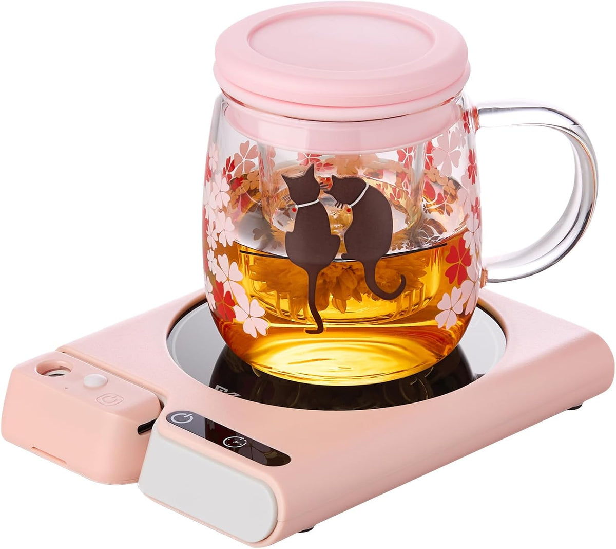 Coffee Mug Warmer with Auto Shut Off, 3 Temperature Settings with Air humidifier Water Mist Sprayer, Electric Beverage Heater with Borosilicate Glass Panel, 54-Inch Cord, Fits Mugs, Teapots (Pink)