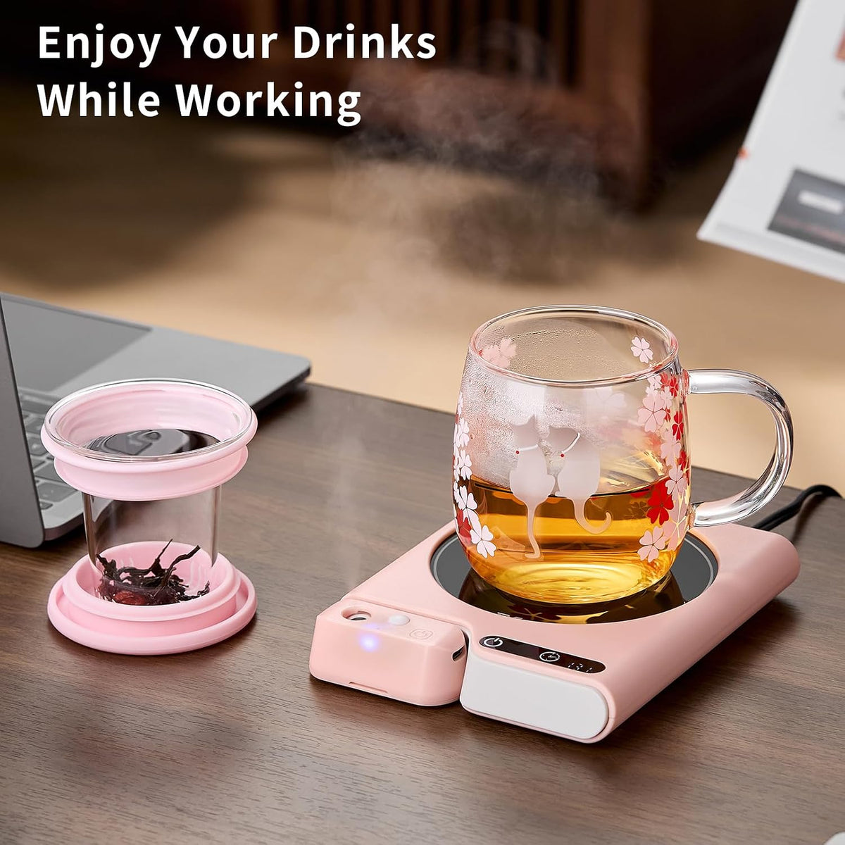 Coffee Mug Warmer with Auto Shut Off, 3 Temperature Settings with Air humidifier Water Mist Sprayer, Electric Beverage Heater with Borosilicate Glass Panel, 54-Inch Cord, Fits Mugs, Teapots (Pink)