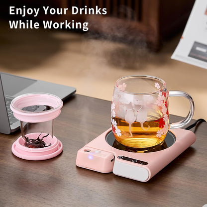 Coffee Mug Warmer with Auto Shut Off, 3 Temperature Settings with Air humidifier Water Mist Sprayer, Electric Beverage Heater with Borosilicate Glass Panel, 54-Inch Cord, Fits Mugs, Teapots (Pink)