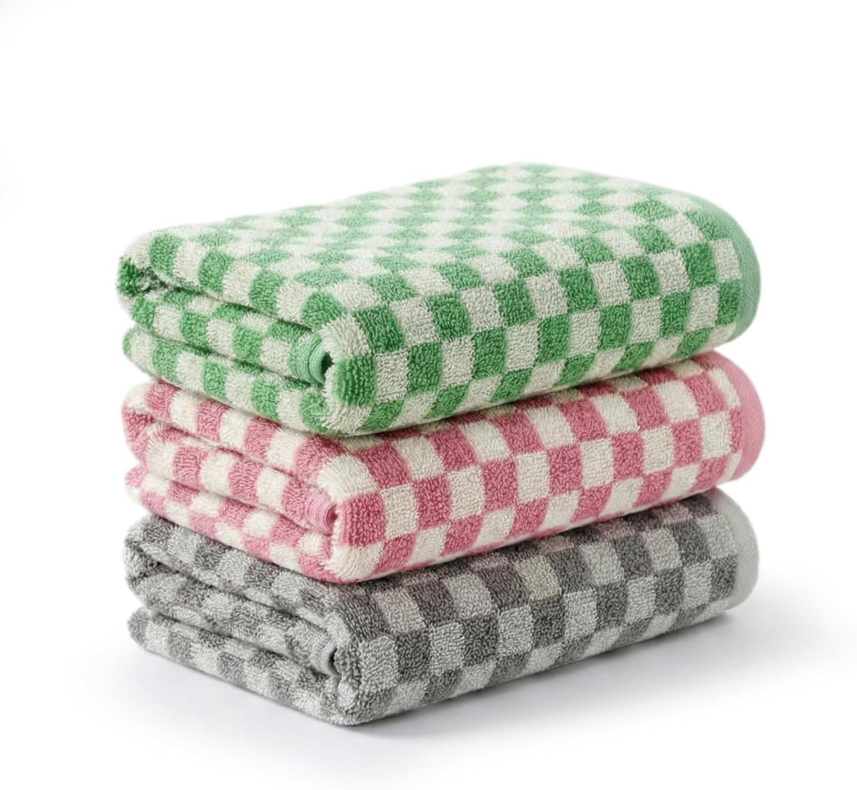 3 Piece Checkered Hand Towels for Bathroom in Pink Gray Green, Soft Absorbent Cotton Face Towels Bath Towels with Buffalo Checkered Pattern,Towel Set for Kitchen, 13"×30"