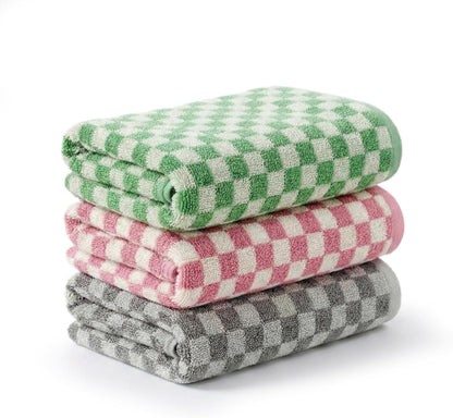 3 Piece Checkered Hand Towels for Bathroom in Pink Gray Green, Soft Absorbent Cotton Face Towels Bath Towels with Buffalo Checkered Pattern,Towel Set for Kitchen, 13"×30"