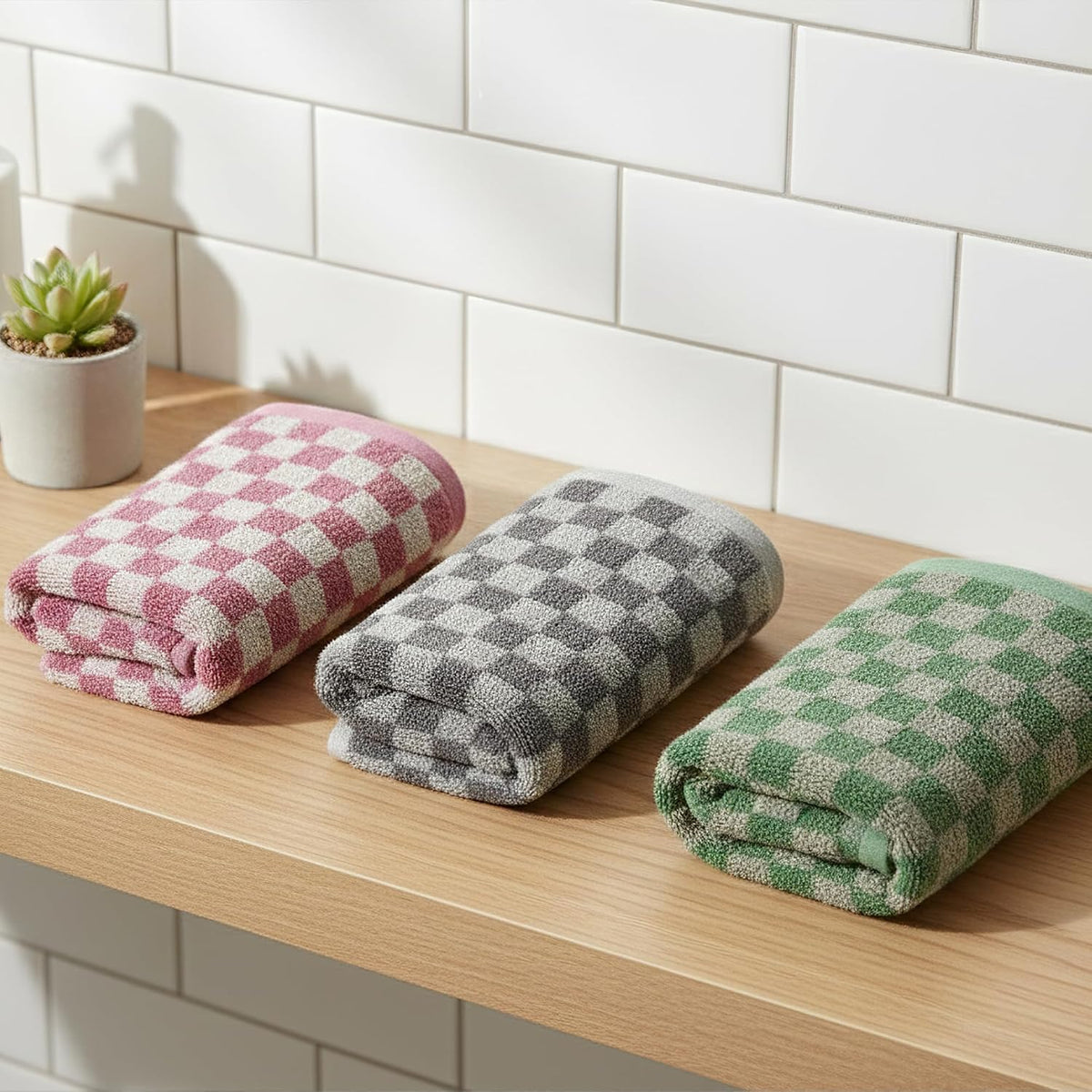 3 Piece Checkered Hand Towels for Bathroom in Pink Gray Green, Soft Absorbent Cotton Face Towels Bath Towels with Buffalo Checkered Pattern,Towel Set for Kitchen, 13"×30"
