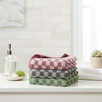 3 Piece Checkered Hand Towels for Bathroom in Pink Gray Green, Soft Absorbent Cotton Face Towels Bath Towels with Buffalo Checkered Pattern,Towel Set for Kitchen, 13"×30"