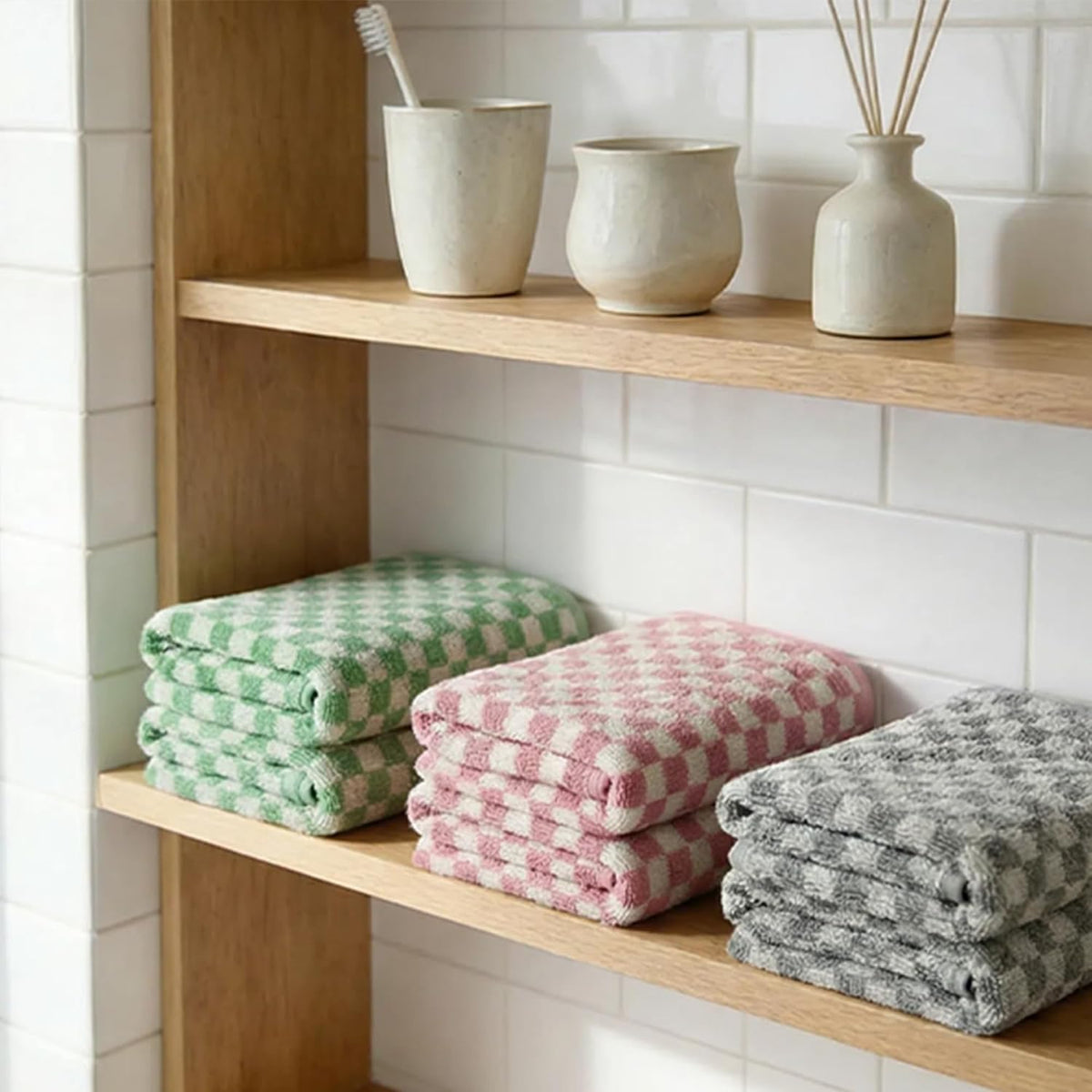 3 Piece Checkered Hand Towels for Bathroom in Pink Gray Green, Soft Absorbent Cotton Face Towels Bath Towels with Buffalo Checkered Pattern,Towel Set for Kitchen, 13"×30"