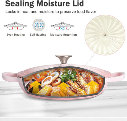 Enameled Cast Iron Dutch Oven, 3.8 Quart Dutch Oven Pot with Lid, Shallow Cast Iron Braiser with Handles, Oven Safe up to 500°F (Pink)