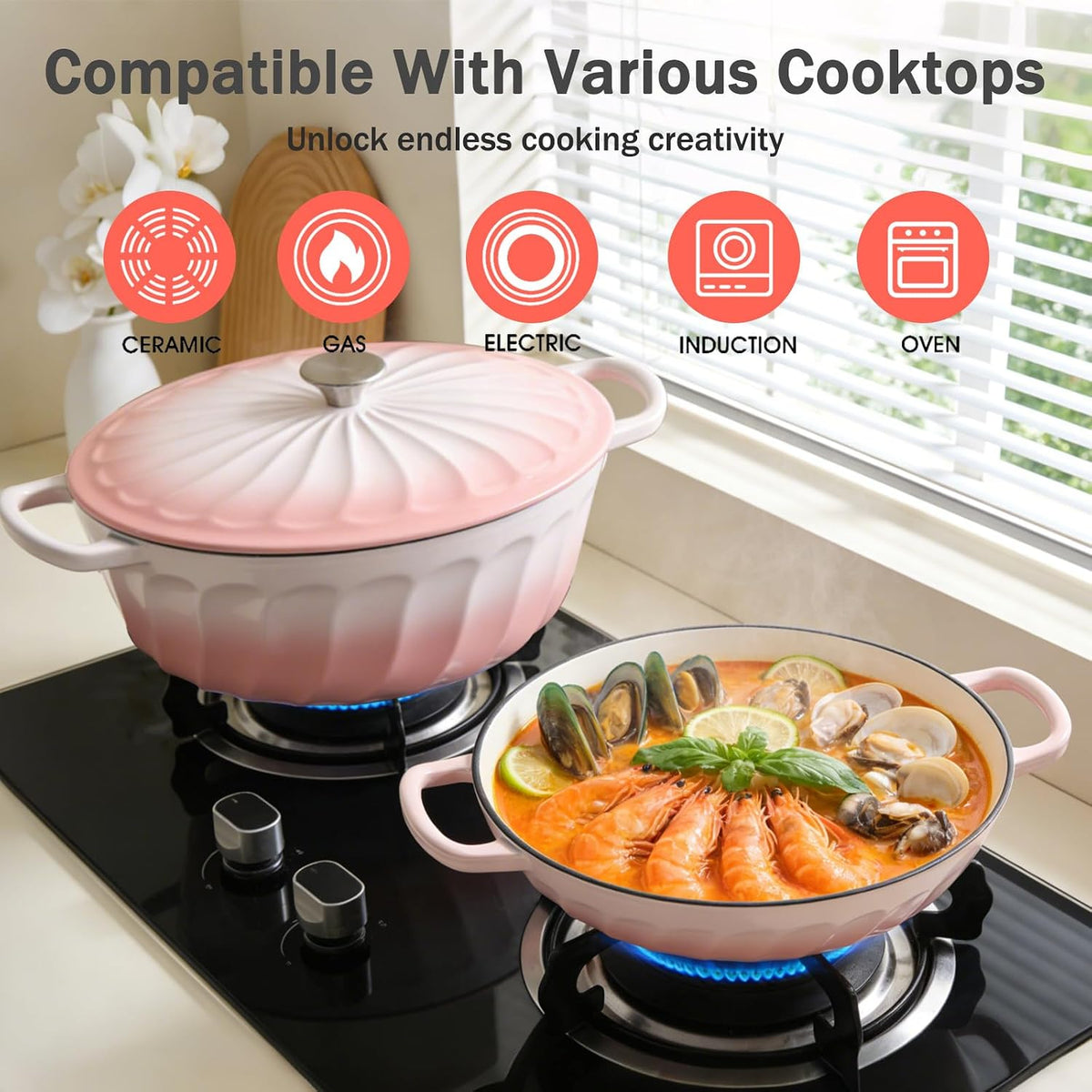 Enameled Cast Iron Dutch Oven, 3.8 Quart Dutch Oven Pot with Lid, Shallow Cast Iron Braiser with Handles, Oven Safe up to 500°F (Pink)