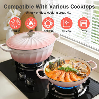 Enameled Cast Iron Dutch Oven, 3.8 Quart Dutch Oven Pot with Lid, Shallow Cast Iron Braiser with Handles, Oven Safe up to 500°F (Pink)