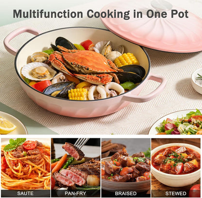 Enameled Cast Iron Dutch Oven, 3.8 Quart Dutch Oven Pot with Lid, Shallow Cast Iron Braiser with Handles, Oven Safe up to 500°F (Pink)