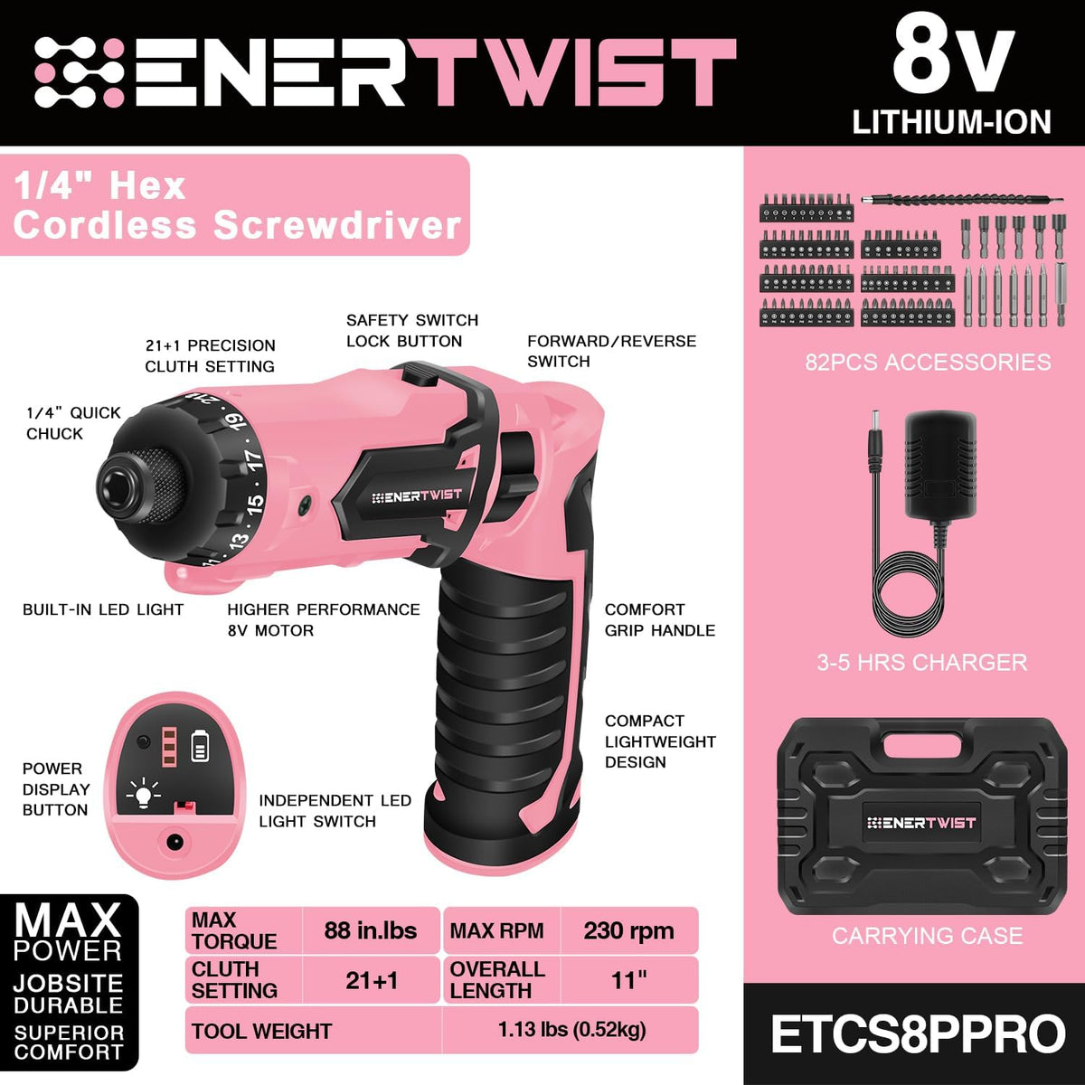 Cordless Electric 8V Pink Screwdriver with 82 Accessory Kit