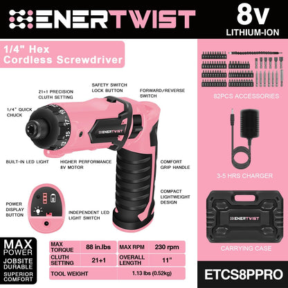 Cordless Electric 8V Pink Screwdriver with 82 Accessory Kit