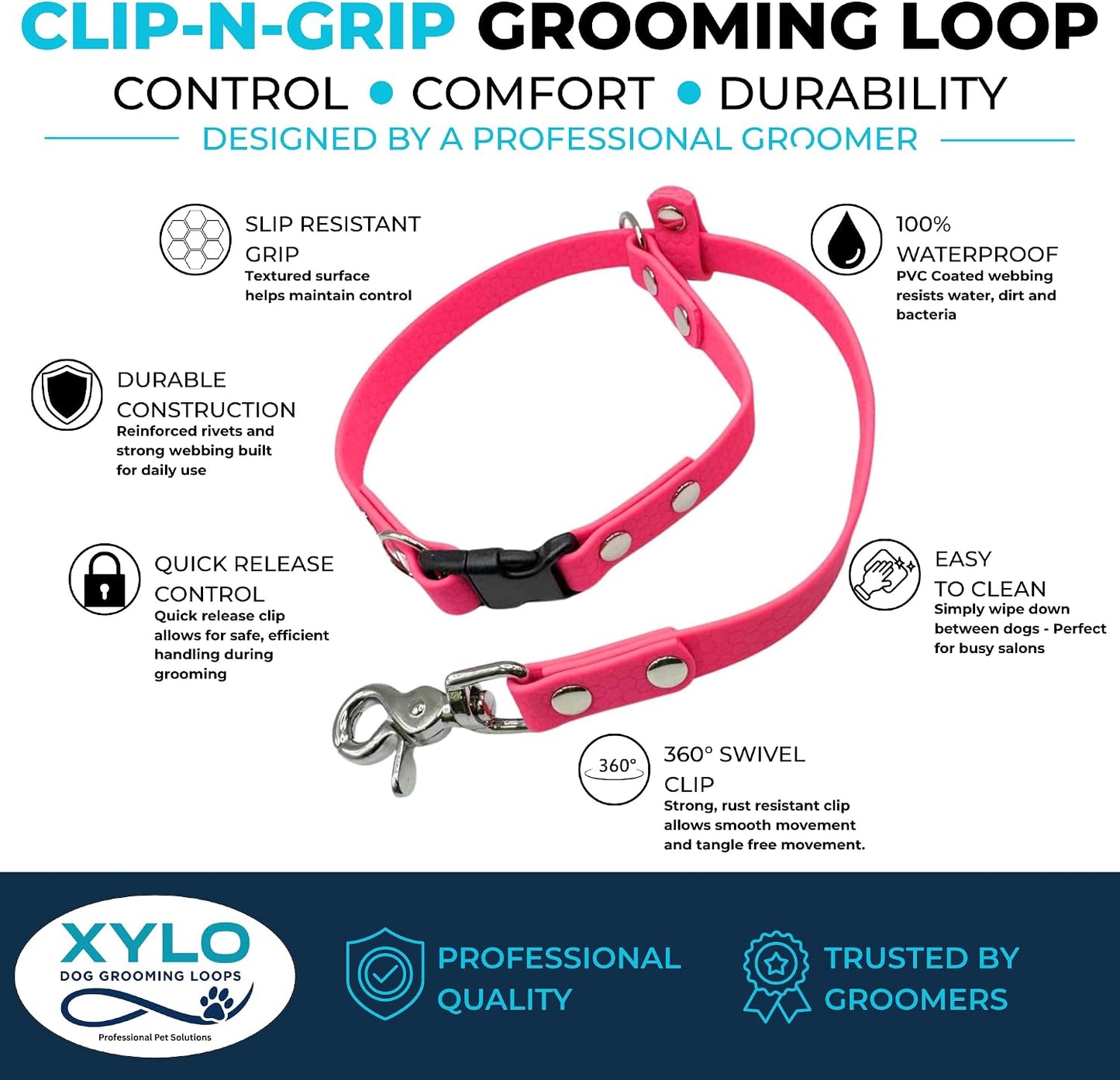 XyloLoop Clip-N-Grip Waterproof Non-Slip Grooming Loop for Dogs – Quick-Release Safety Clip, Anti-Escape, Trigger Snap Attachment for Tub & Table, Odor-Resistant PVC Coated Webbing 24" (Hot Pink)