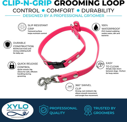 XyloLoop Clip-N-Grip Waterproof Non-Slip Grooming Loop for Dogs – Quick-Release Safety Clip, Anti-Escape, Trigger Snap Attachment for Tub & Table, Odor-Resistant PVC Coated Webbing 24" (Hot Pink)