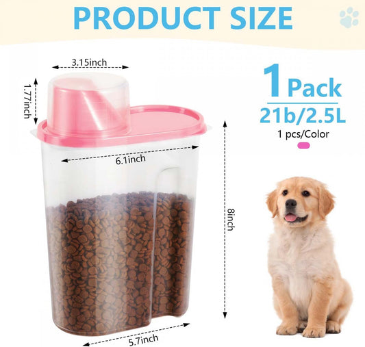 Pet Food Storage Container 2lb 2.5L Translucent Cat Dog Food Storage Container Dispenser with Measuring Cup Pour Spout Sealed Cover for Pets (Pink 1pcs)