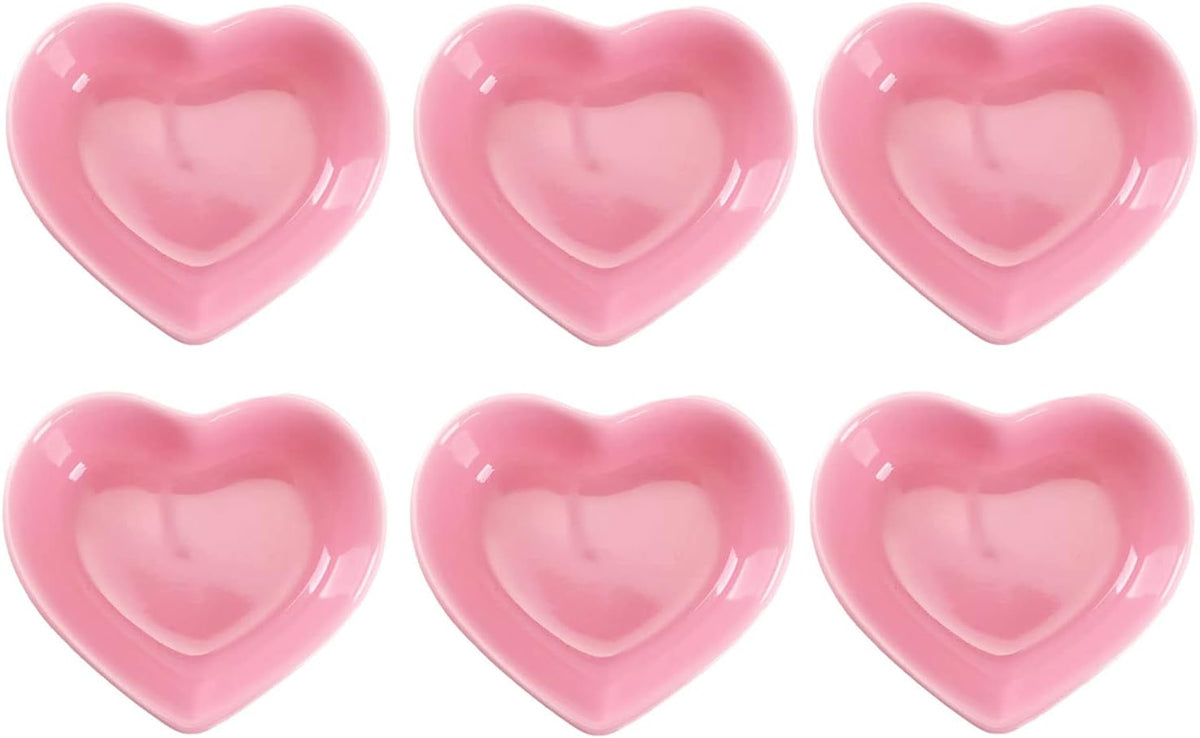 Pink Love Heart Shaped Ceramic Bowl Set of 6, Contemporary Porcelain Side Dishes, Seasoning & Soy Dipping Sauce Bowls for Wedding & Birthday Party