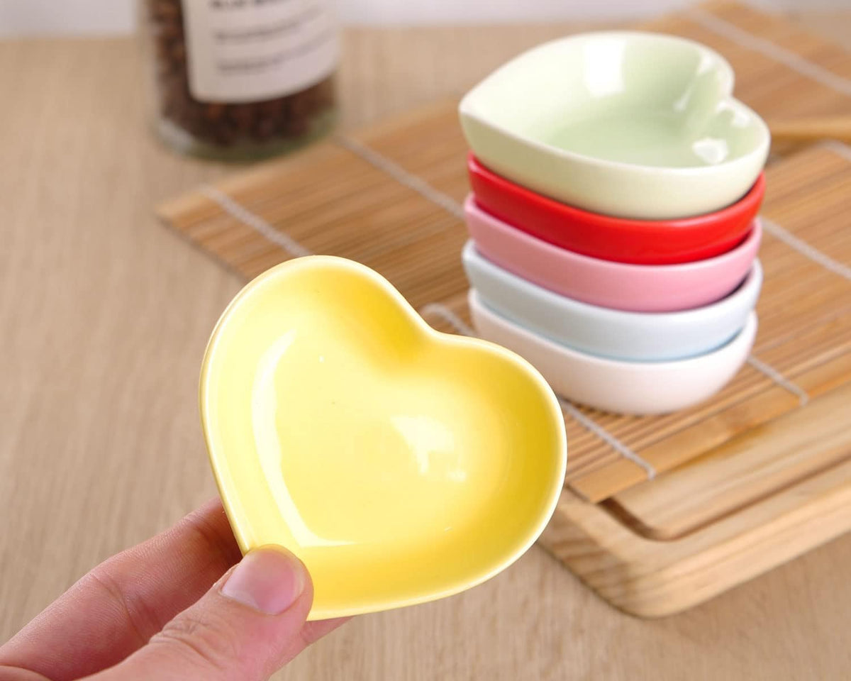 Pink Love Heart Shaped Ceramic Bowl Set of 6, Contemporary Porcelain Side Dishes, Seasoning & Soy Dipping Sauce Bowls for Wedding & Birthday Party