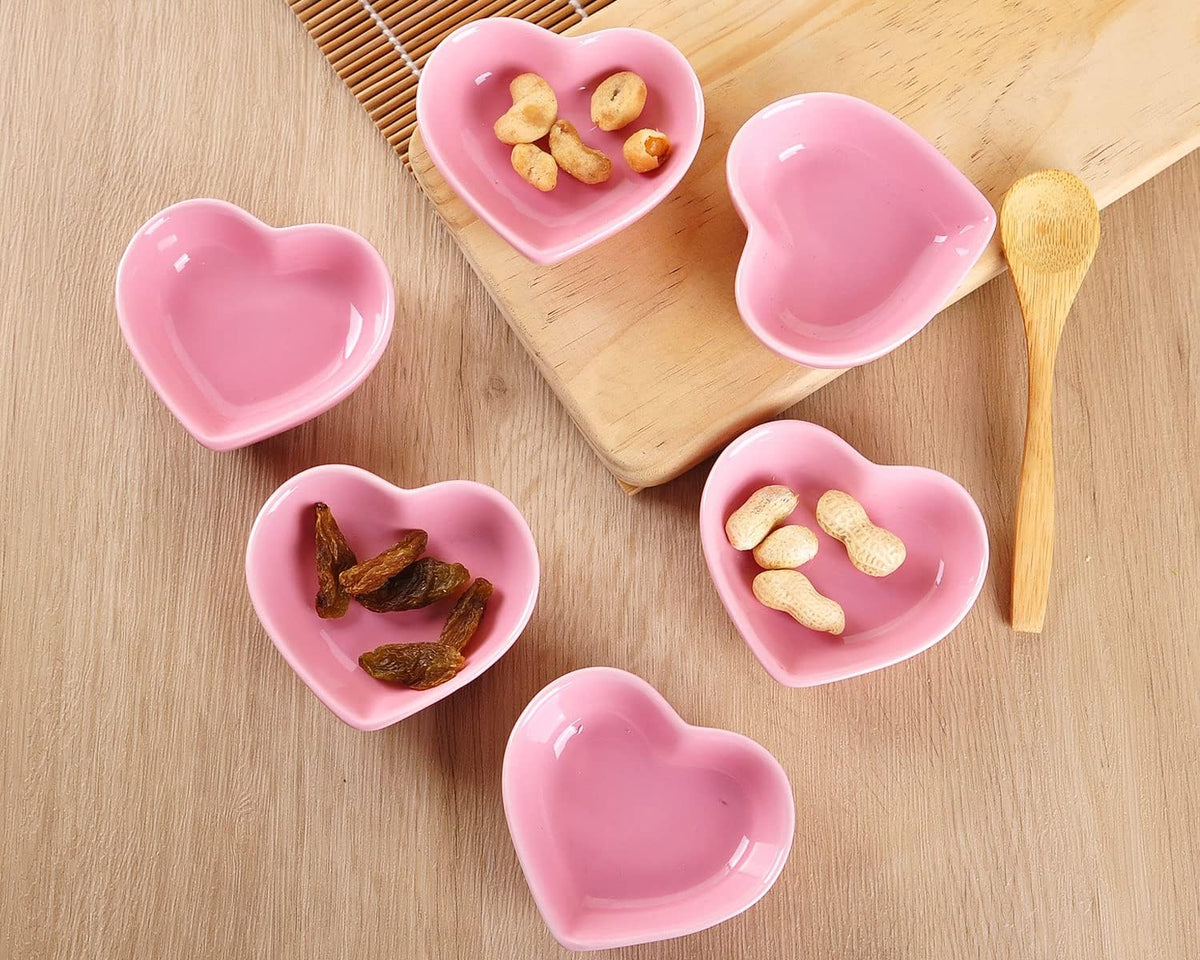 Pink Love Heart Shaped Ceramic Bowl Set of 6, Contemporary Porcelain Side Dishes, Seasoning & Soy Dipping Sauce Bowls for Wedding & Birthday Party
